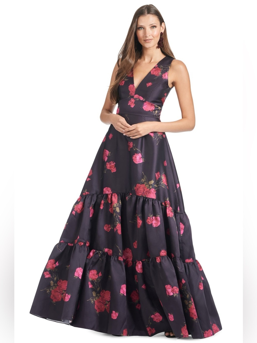SACHIN & BABI Rori Floral Tiered Sleeveless Gown Malbec Purple Tea Blooms 10